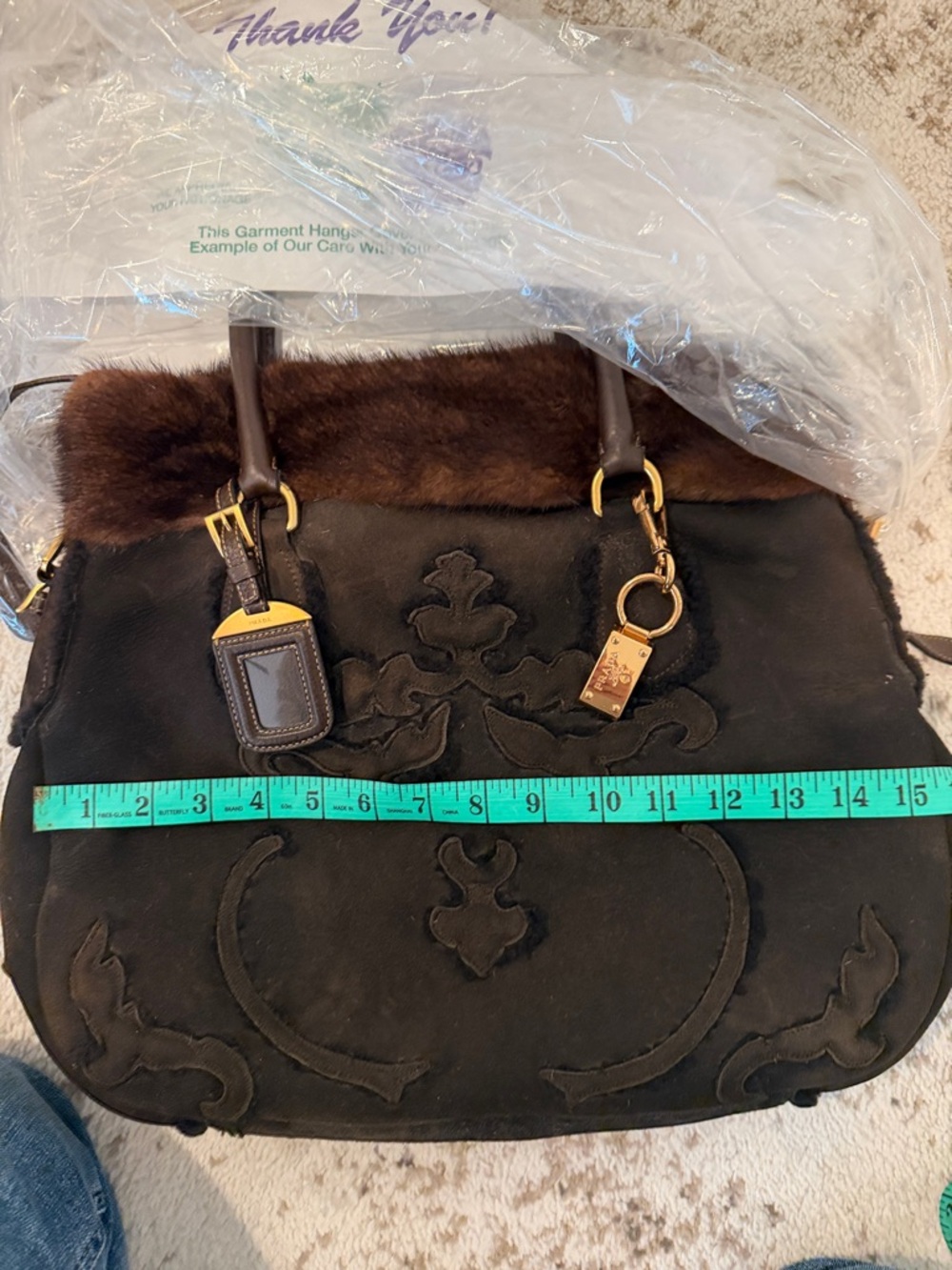 Prada Brown Suede Tote with Mink Fur Trim and Gold Hardware - Picture 7 of 15